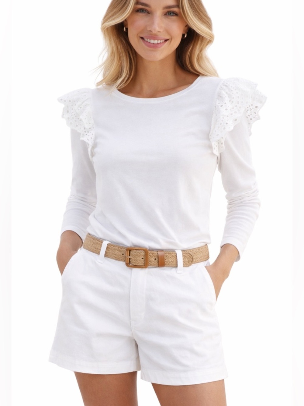 Joe’s Jeans White Eyelet Ruffle Shoulder Top Size Large NWOT